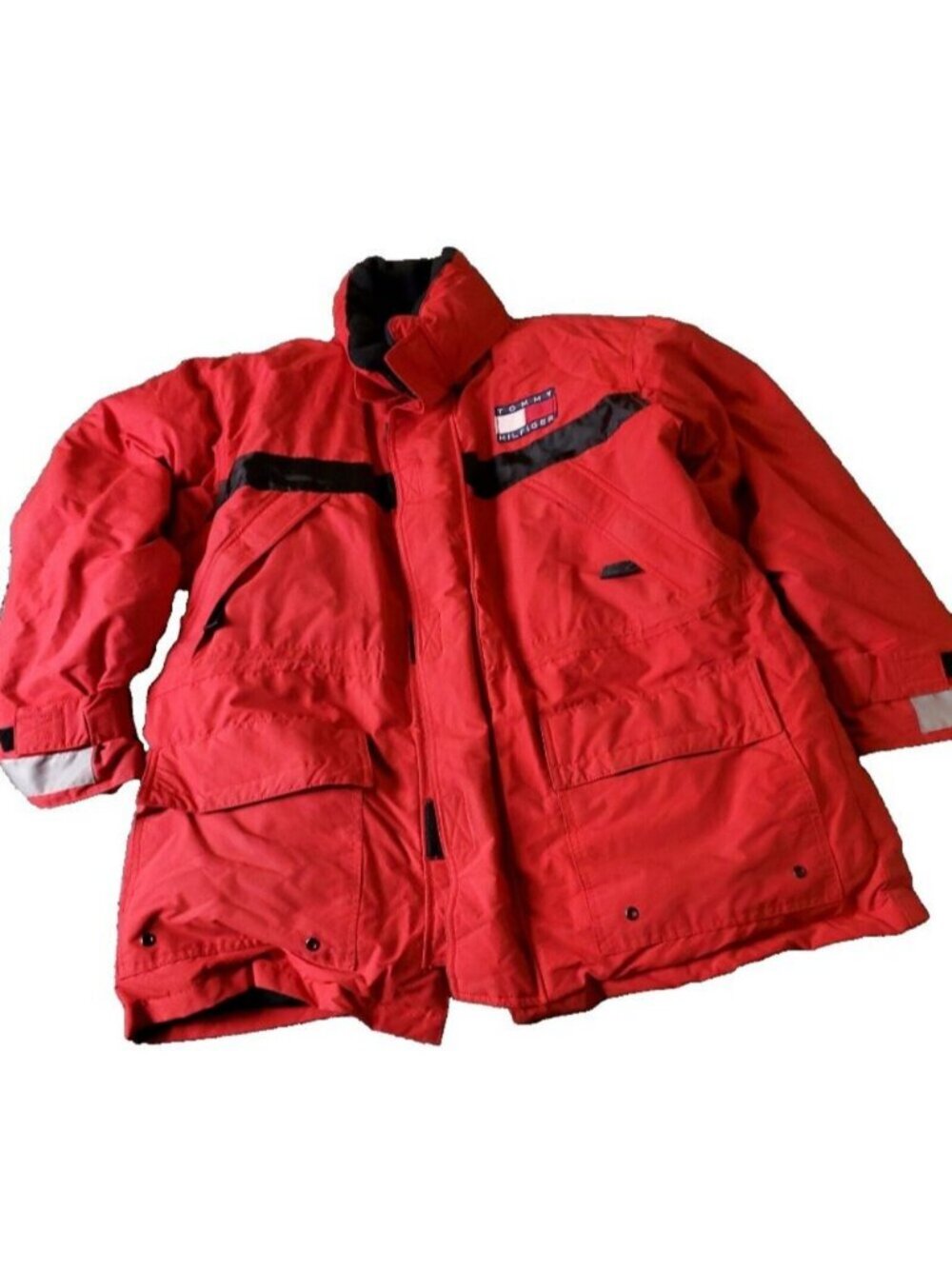 VINTAGE 90s Tommy Hilfiger Jacket Mens XL Parka Red Packable Hoodie Big Box Y2K
